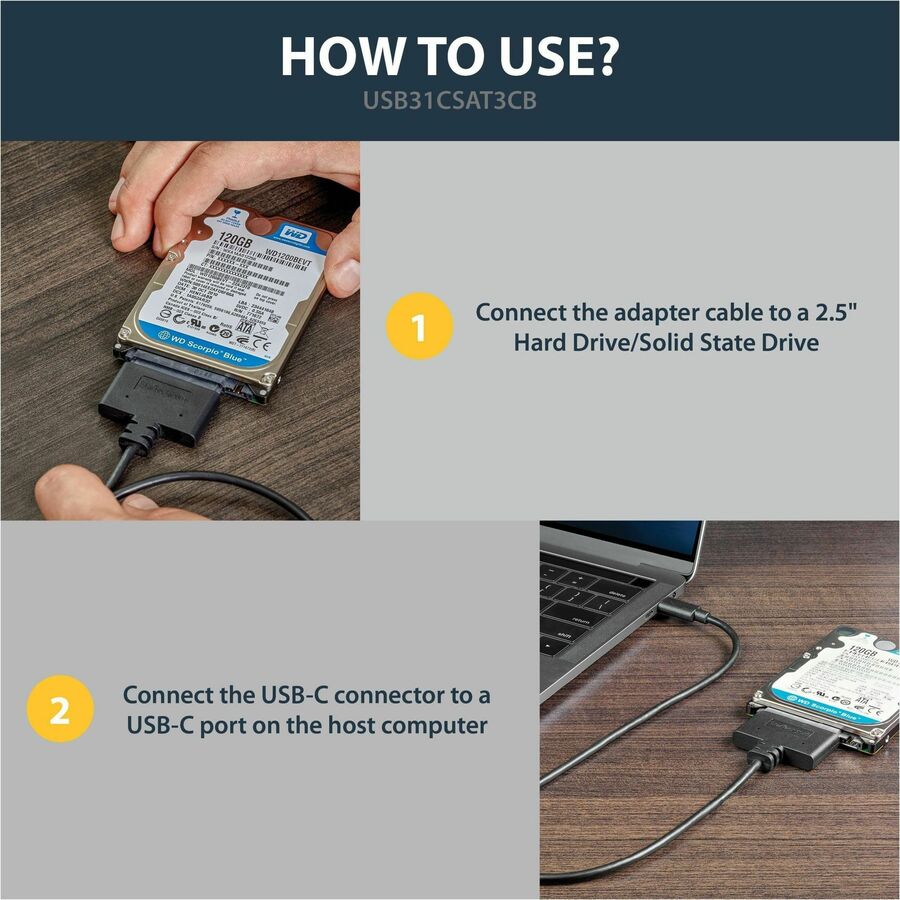 StarTech.com USB C To SATA Adapter - for 2.5" SATA Drives - UASP - External Hard Drive Cable - USB Type C to SATA Adapter USB31CSAT3CB