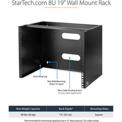 StarTech.com 8U Wall Mount Rack, 14in Deep, 19 inch Wall Mount Network Rack, Wall Mounting Patch Panel Bracket for Switch/IT Equipment WALLMOUNT8