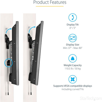 StarTech.com No-Stud TV Wall Mount, Low Profile Heavy Duty VESA Wall Mount for up to 80" Display (110lb/50kg), Tilting Television Mount FPWHANGER