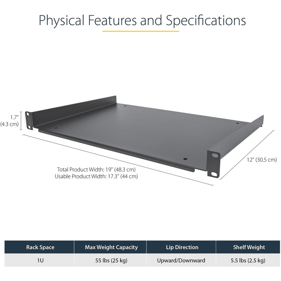 StarTech.com 1U Server Rack Cabinet Shelf - Fixed 12" Deep Cantilever Rackmount Tray for 19" Data/AV/Network Enclosure w/cage nuts, screws SHELF-1U-12-FIXED-S