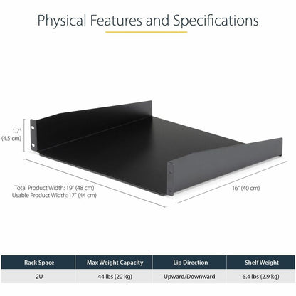 StarTech.com 2U Server Rack Cabinet Shelf - Fixed 16" Deep Cantilever Rackmount Tray for 19" Data/AV/Network Enclosure w/cage nuts, screws CABSHELF