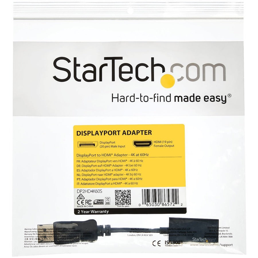 StarTech.com DisplayPort to HDMI Adapter, 4K 60Hz Active DP 1.4 to HDMI 2.0 Video Converter for Monitor/Display, Latching DP Connector DP2HD4K60S