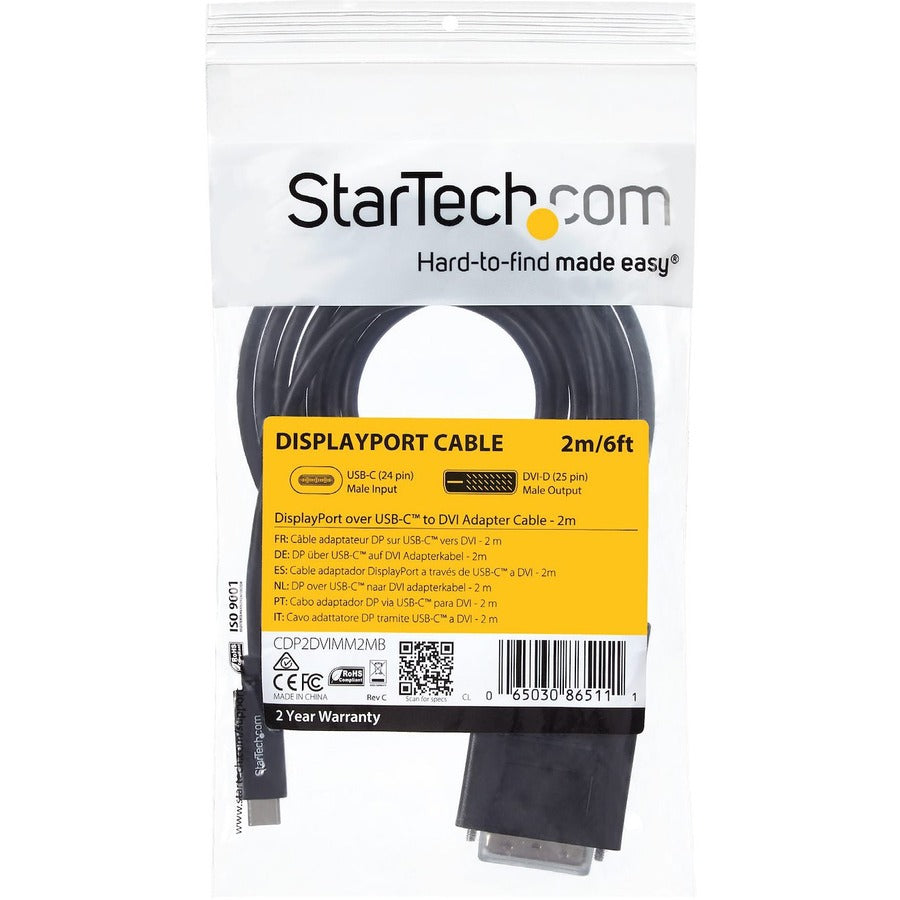 StarTech.com 6.6 ft / 2 m USB-C to DVI Cable - USB Type-C Video Adapter Cable - 1920 x 1200 - Black CDP2DVIMM2MB