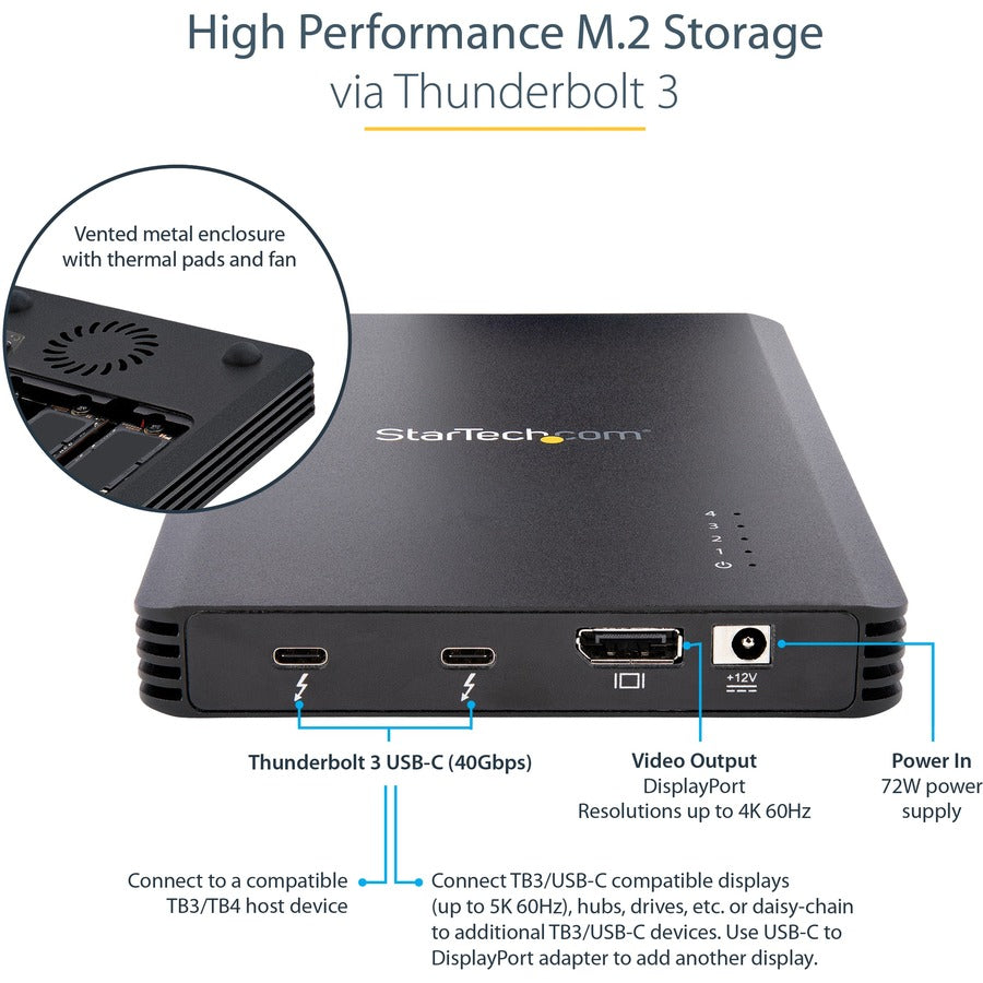 StarTech.com 4 Bay Thunderbolt 3 NVMe Enclosure, For M.2 NVMe SSD Drives, 1x DisplayPort Video and 2x TB3 Downstream Ports, 40Gbps M2E4BTB3