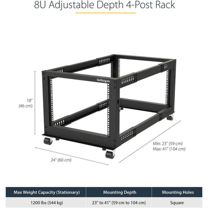 StarTech.com 4-Post 8U Mobile Open Frame Server Rack, 19in Network Rack with Casters, Small Rolling Rack for Computer/AV/Data/IT Equipment 4POSTRACK8U