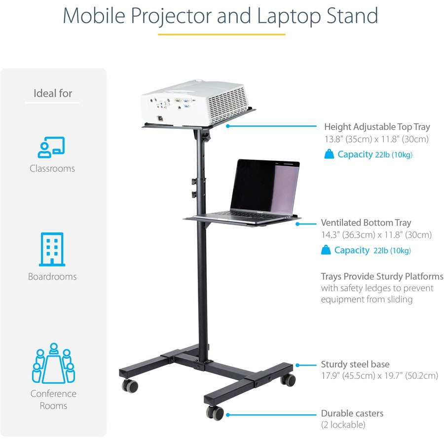 StarTech.com Mobile Projector and Laptop Stand/Cart, Heavy Duty Portable Projector Stand/Presentation Cart (22lb/shelf), Height Adjustable ADJPROJCART