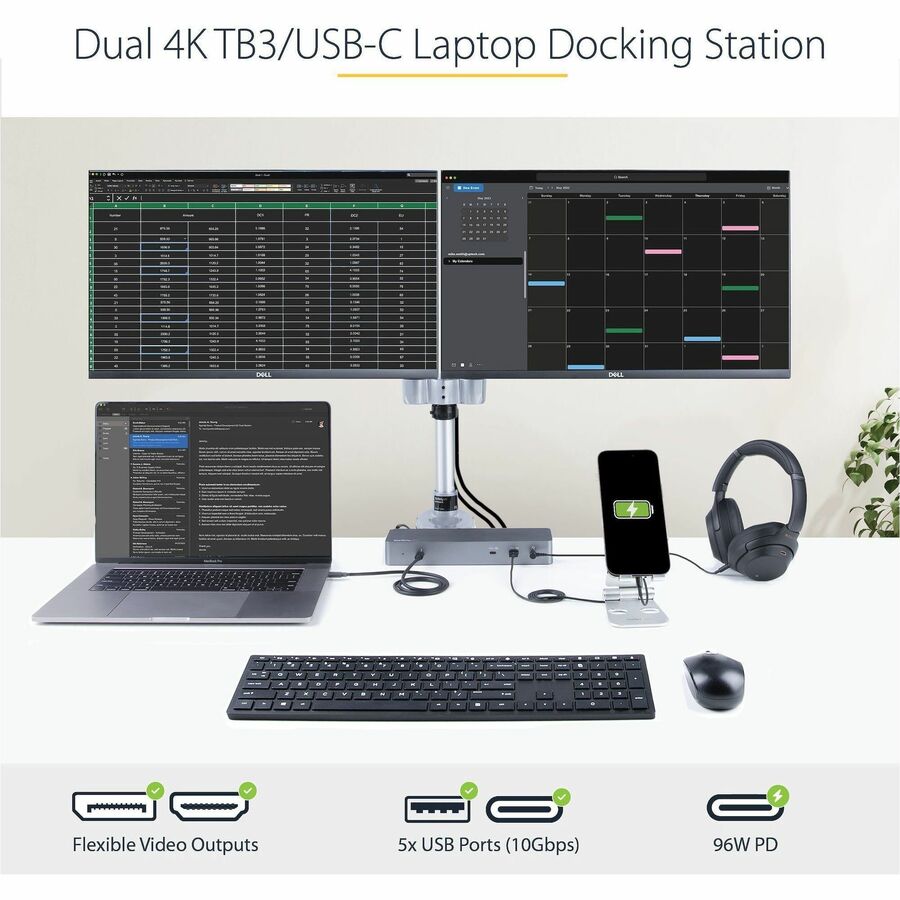 StarTech.com Thunderbolt 3 Dock w/USB-C Host Compatibility - Dual 4K 60Hz DP 1.4 or HDMI TB3/USB-C Docking Station - 1x 8K - 96W PD/5xUSB TB3CDK2DH