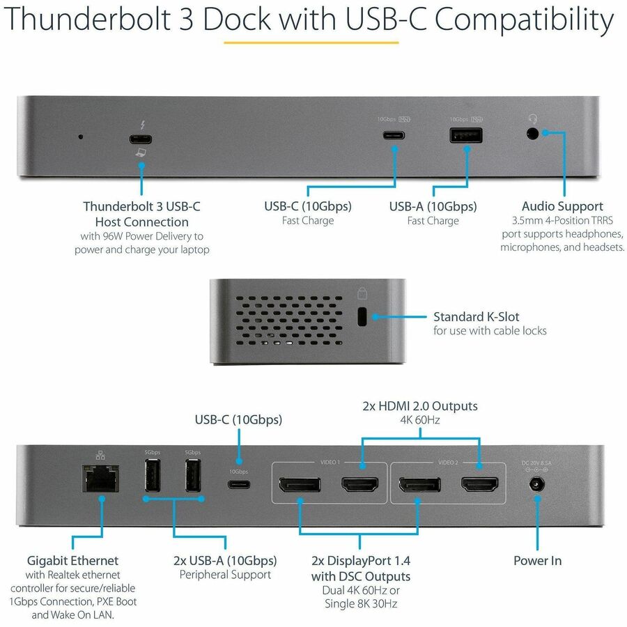 StarTech.com Thunderbolt 3 Dock w/USB-C Host Compatibility - Dual 4K 60Hz DP 1.4 or HDMI TB3/USB-C Docking Station - 1x 8K - 96W PD/5xUSB TB3CDK2DH