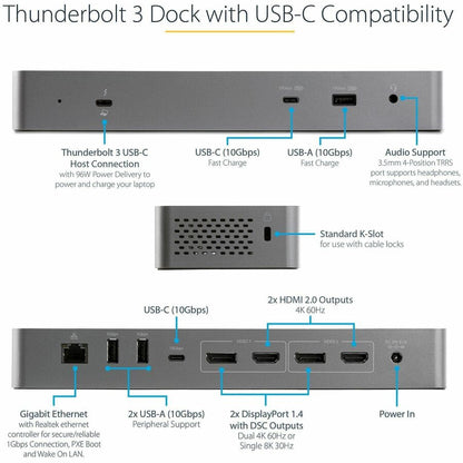 StarTech.com Thunderbolt 3 Dock w/USB-C Host Compatibility - Dual 4K 60Hz DP 1.4 or HDMI TB3/USB-C Docking Station - 1x 8K - 96W PD/5xUSB TB3CDK2DH