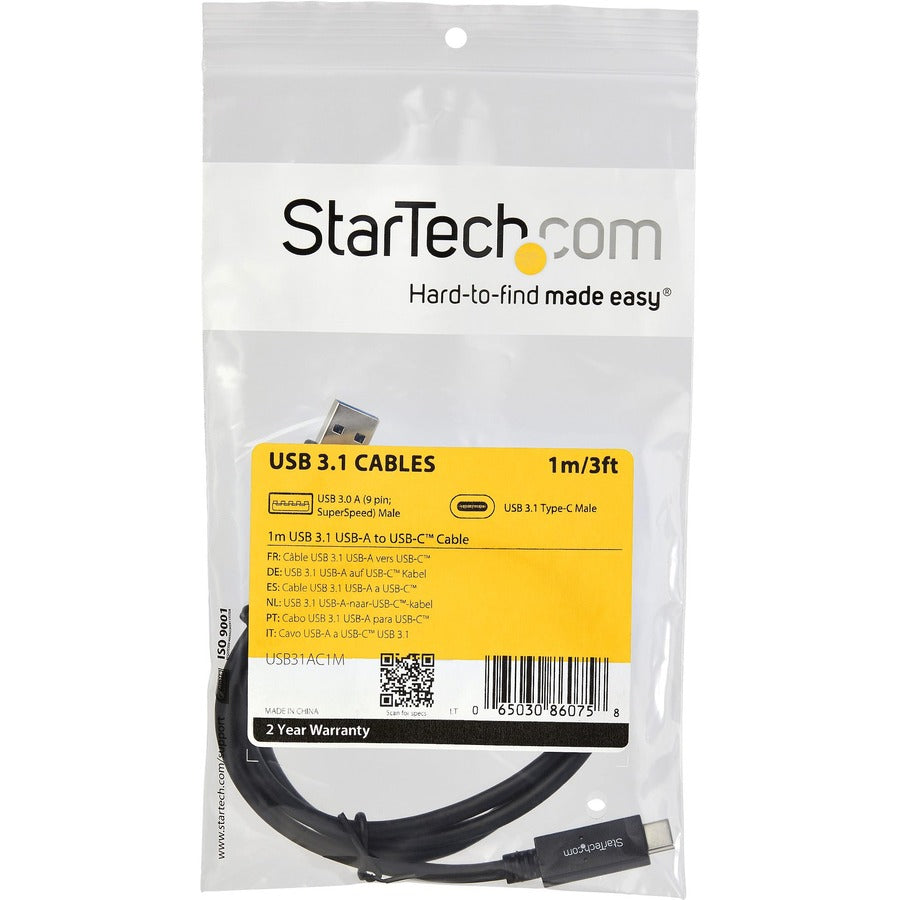 StarTech.com 3 ft 1m USB to USB C Cable - USB 3.1 (10Gpbs) - USB-IF Certified - USB A to USB C Cable - USB 3.1 Type C Cable USB31AC1M