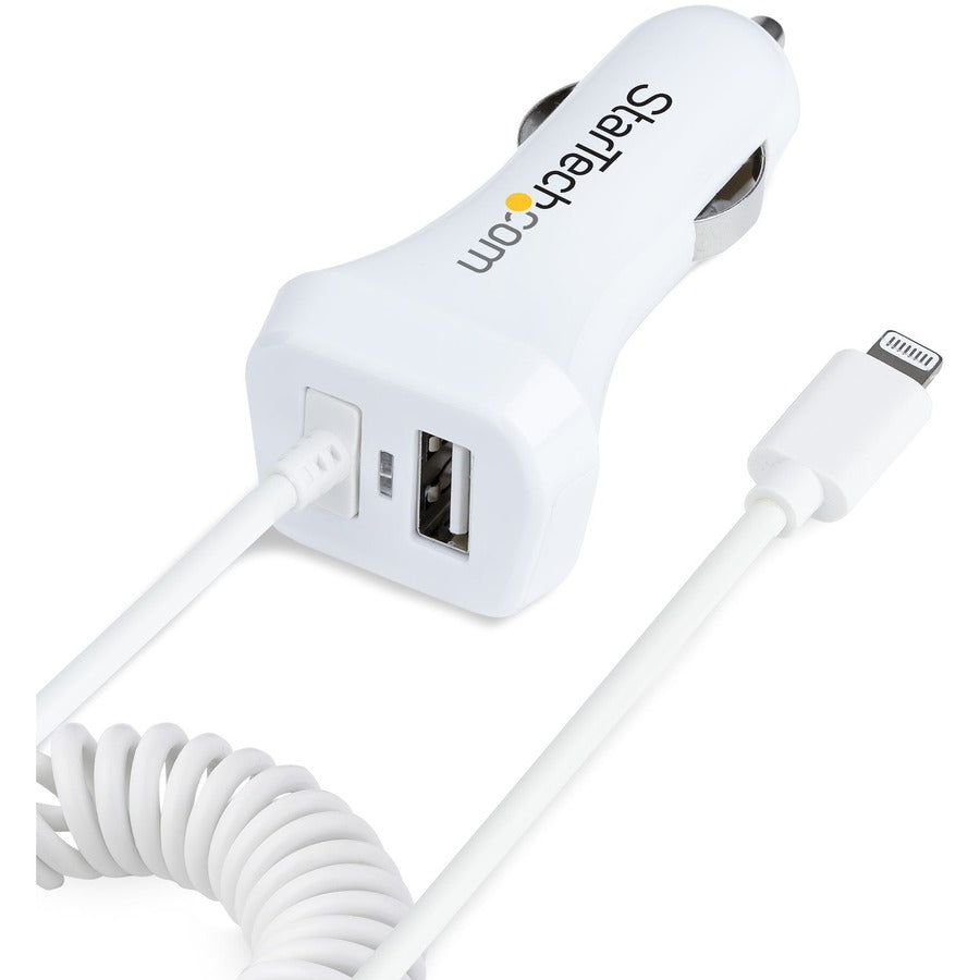 StarTech.com Lightning Car Charger with Coiled Cable, 1m Built-in Cable, 12W, White, 2 Port USB Car Charger Adapter, In Car iPhone Charger USBLT2PCARW2