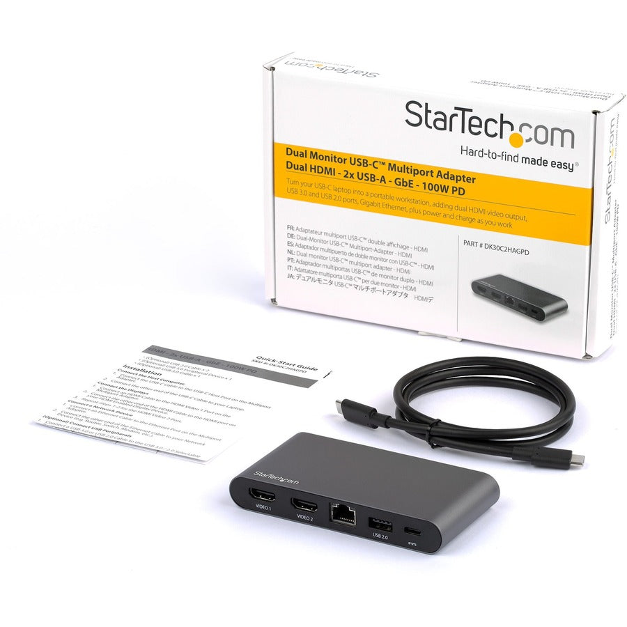 StarTech.com USB C Dock - 4K Dual Monitor HDMI USB-C Docking Station - 100W Power Delivery Passthrough, GbE, 2x USB-A - Multiport Adapter DK30C2HAGPD