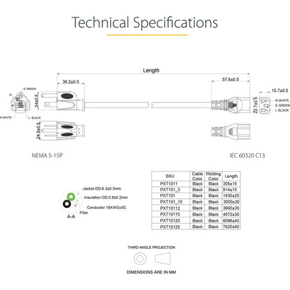 StarTech.com 6ft 1(1.8m) Computer Power Cord, NEMA 5-15P to C13, 10A 125V, 18AWG, Black Replacement AC PC Power Cord, TV/Monitor Power Cable PXT101