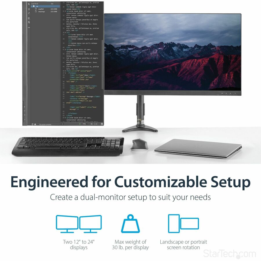 StarTech.com Desk Mount Dual Monitor Arm, Dual Articulating Monitor Arm, Height Adjustable, For VESA Monitors up to 24" (29.9lb/13.6kg) ARMDUAL