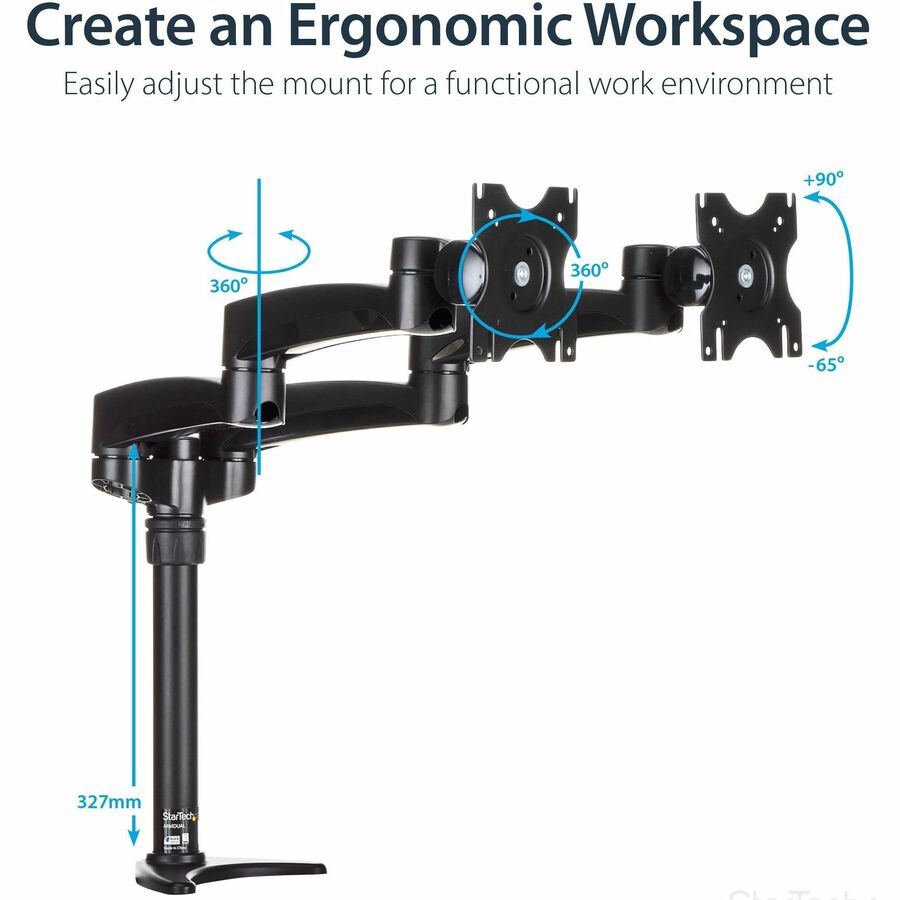 StarTech.com Desk Mount Dual Monitor Arm, Dual Articulating Monitor Arm, Height Adjustable, For VESA Monitors up to 24" (29.9lb/13.6kg) ARMDUAL