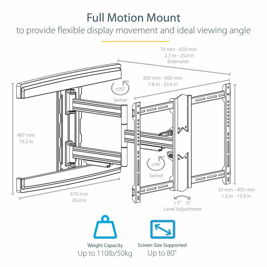 StarTech.com TV Wall Mount for up to 80" VESA Mount Displays - Low Profile Full Motion TV Mount - Heavy Duty Adjustable Articulating Arm FPWARTS1