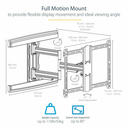 StarTech.com TV Wall Mount for up to 80" VESA Mount Displays - Low Profile Full Motion TV Mount - Heavy Duty Adjustable Articulating Arm FPWARTS1