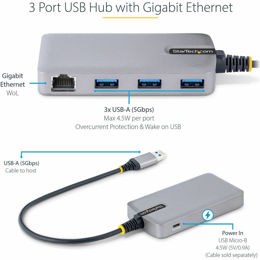 StarTech.com 3-Port USB Hub with Ethernet, USB-A Ports, Gigabit Ethernet/GbE, 5Gbps, Bus-Powered, 1ft/30cm Cable, Portable Laptop USB Hub 5G3AGBB-USB-A-HUB