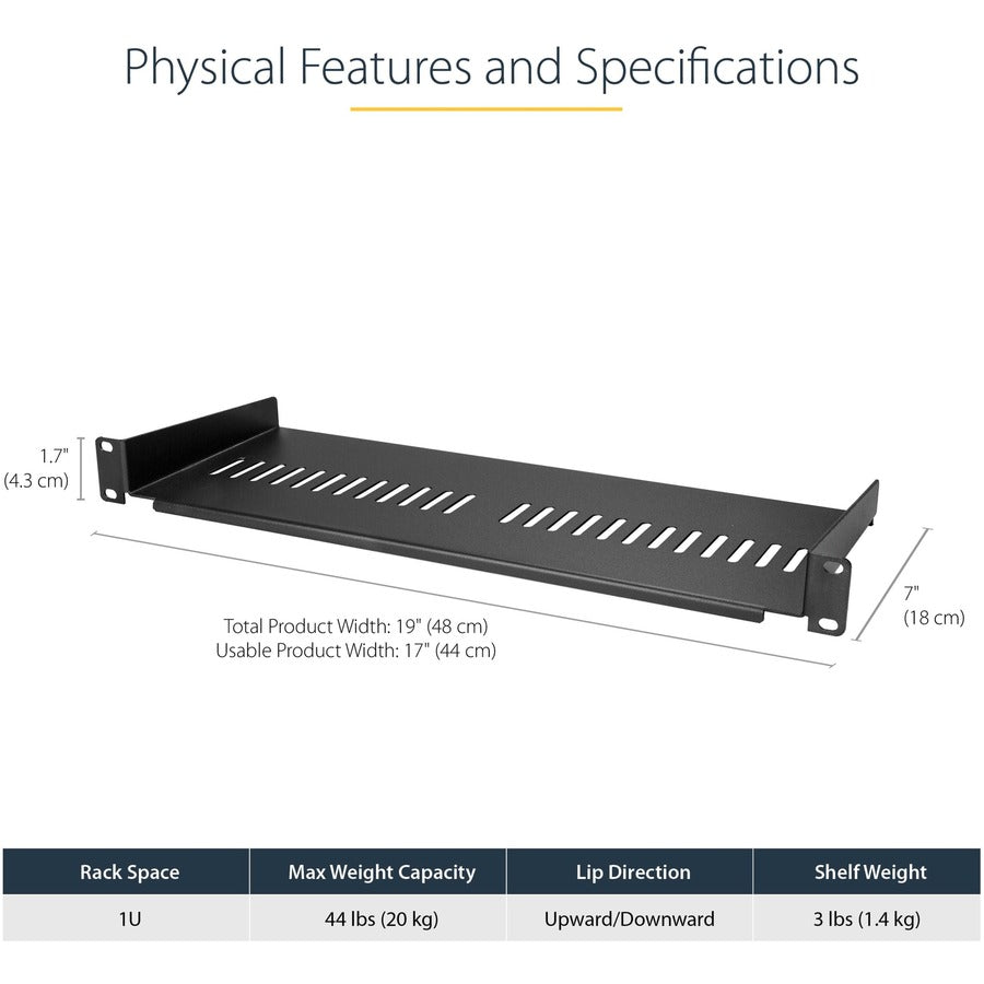 StarTech.com 1U Vented Server Rack Cabinet Shelf - Fixed 7in Deep Cantilever Rackmount Tray for 19" Data/AV/Network Enclosure w/Cage Nuts CABSHELF1U7V