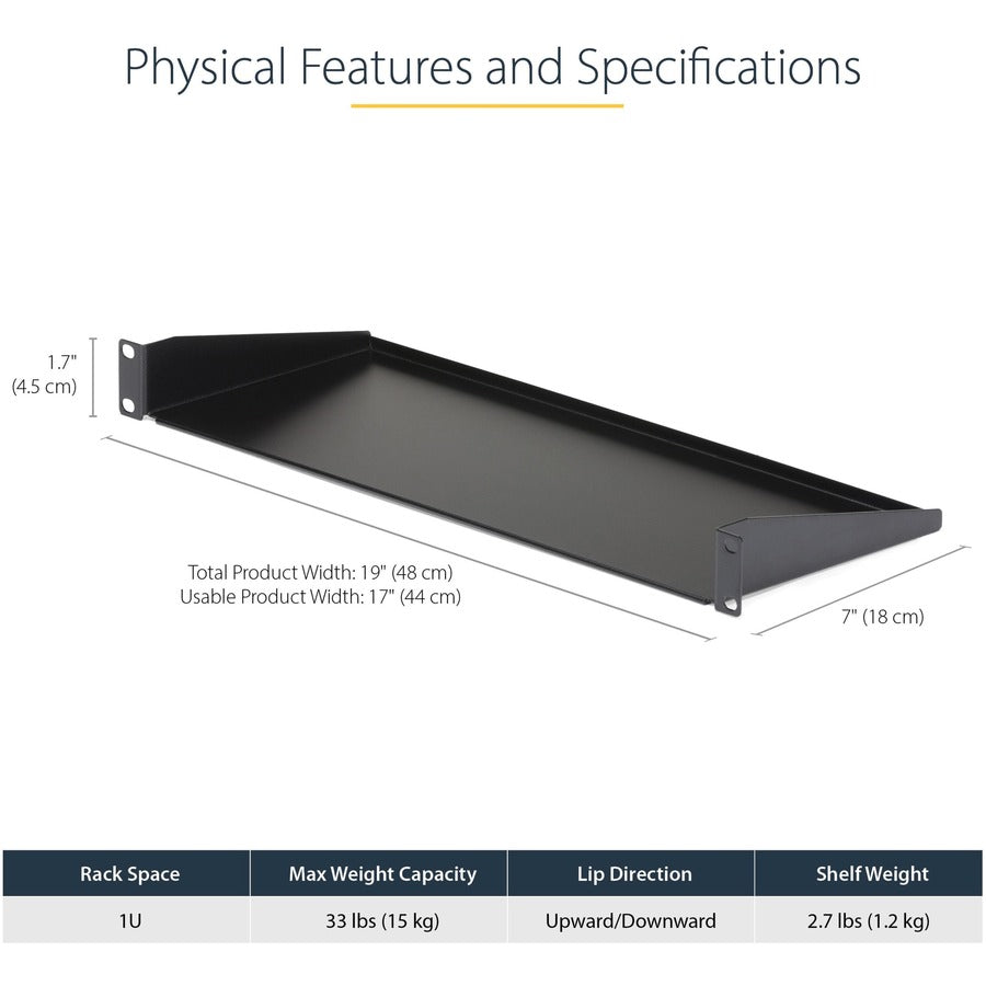 StarTech.com 1U Server Rack Cabinet Shelf - Fixed 7" Deep Cantilever Rackmount Tray for 19" Data/AV/Network Enclosure w/cage nuts, screws CABSHELF1U