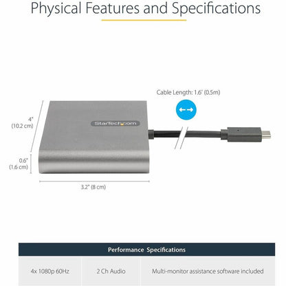 StarTech.com USB C to 4 HDMI Adapter, External Graphics Card, 1080p, USB Type-C to Quad HDMI Monitor Display Adapter/Converter, Windows USBC2HD4