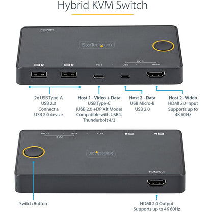 StarTech.com 2 Port Hybrid USB-A + HDMI & USB-C KVM Switch, Single 4K 60Hz HDMI 2.0 Monitor, Compact Desktop and/or Laptop HDMI KVM Switch SV221HUC4K