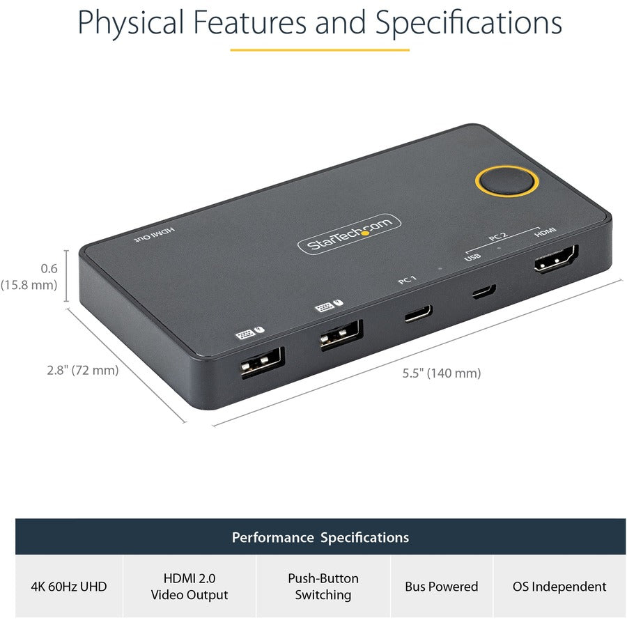 StarTech.com 2 Port Hybrid USB-A + HDMI & USB-C KVM Switch, Single 4K 60Hz HDMI 2.0 Monitor, Compact Desktop and/or Laptop HDMI KVM Switch SV221HUC4K