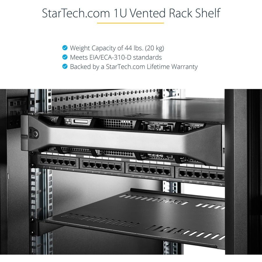 StarTech.com 1U Vented Server Rack Cabinet Shelf - Fixed 16" Deep Cantilever Rackmount Tray for 19" Data/AV/Network Enclosure w/Cage Nuts CABSHELF116V