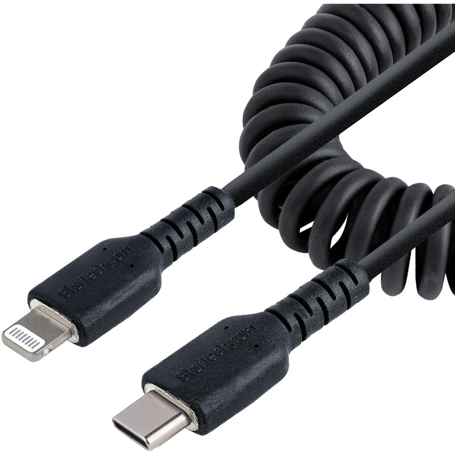 StarTech.com 50cm / 20in USB C to Lightning Cable, MFi Certified, Coiled iPhone Charger Cable, Black, TPE Jacket Aramid Fiber RUSB2CLT50CMBC