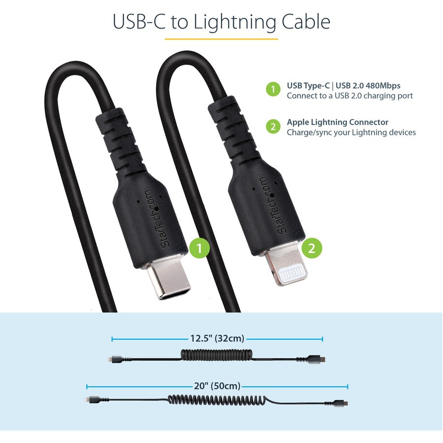 StarTech.com 50cm / 20in USB C to Lightning Cable, MFi Certified, Coiled iPhone Charger Cable, Black, TPE Jacket Aramid Fiber RUSB2CLT50CMBC