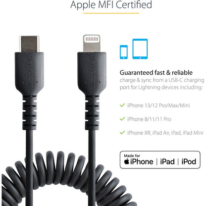 StarTech.com 50cm / 20in USB C to Lightning Cable, MFi Certified, Coiled iPhone Charger Cable, Black, TPE Jacket Aramid Fiber RUSB2CLT50CMBC