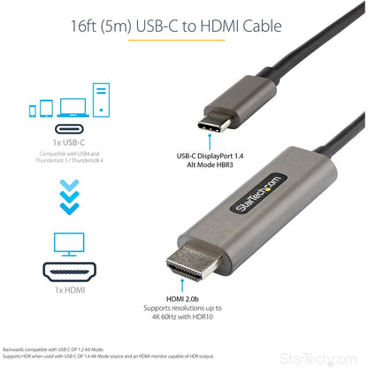 StarTech.com 16ft (5m) USB C to HDMI Cable 4K 60Hz with HDR10, Ultra HD USB Type-C to HDMI 2.0b Video Adapter Cable, DP 1.4 Alt Mode HBR3 CDP2HDMM5MH