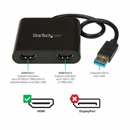 StarTech.com USB 3.0 to Dual HDMI Adapter, 1x 4K & 1x 1080p, External Graphics Card, USB Type-A Dual Monitor Display Adapter, Windows Only USB32HD2