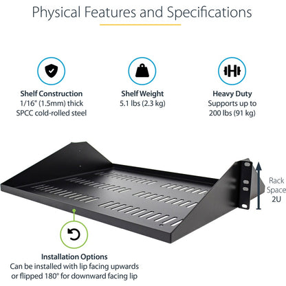 StarTech.com 2U Vented Server Rack Shelf - Center Mount Fixed 14" Deep Cantilever Rackmount Tray for 19" Data/AV/Network w/Cage Nuts SHELF-2U-14-CENTER-V