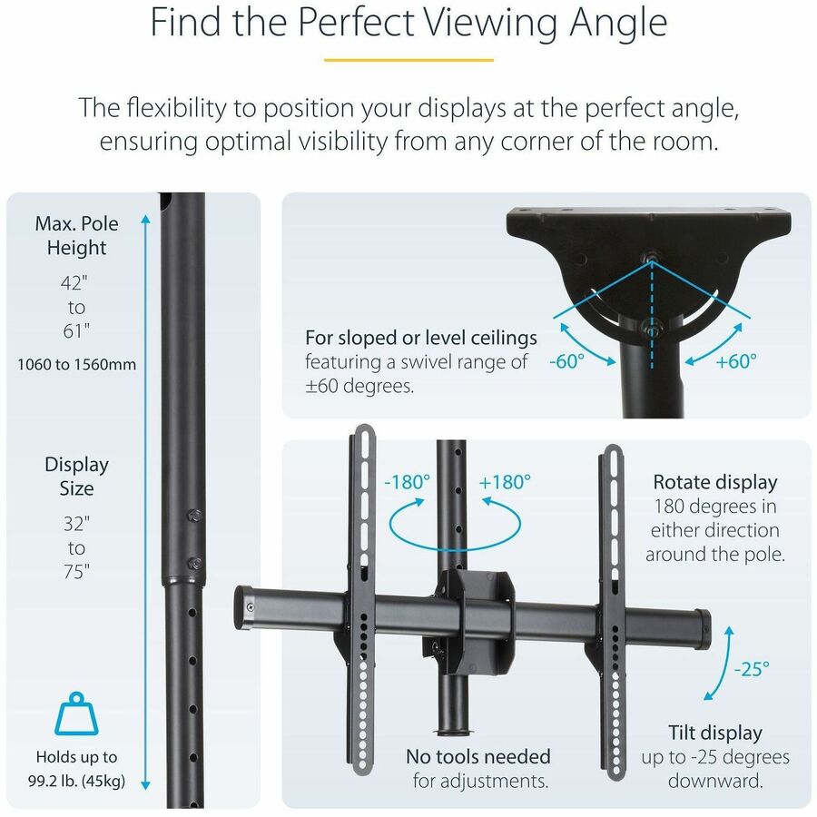 StarTech.com Dual TV Ceiling Mount, Back-to-Back Hanging Dual Screen VESA Pole Mount for 32"-75" TVs - Height Adjustable Telescopic Pole FPCEILBTB