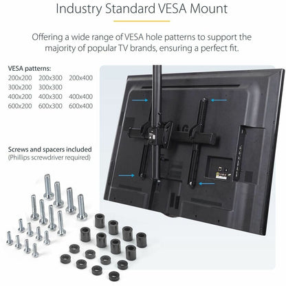 StarTech.com Dual TV Ceiling Mount, Back-to-Back Hanging Dual Screen VESA Pole Mount for 32"-75" TVs - Height Adjustable Telescopic Pole FPCEILBTB