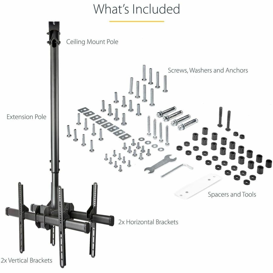 StarTech.com Dual TV Ceiling Mount, Back-to-Back Hanging Dual Screen VESA Pole Mount for 32"-75" TVs - Height Adjustable Telescopic Pole FPCEILBTB