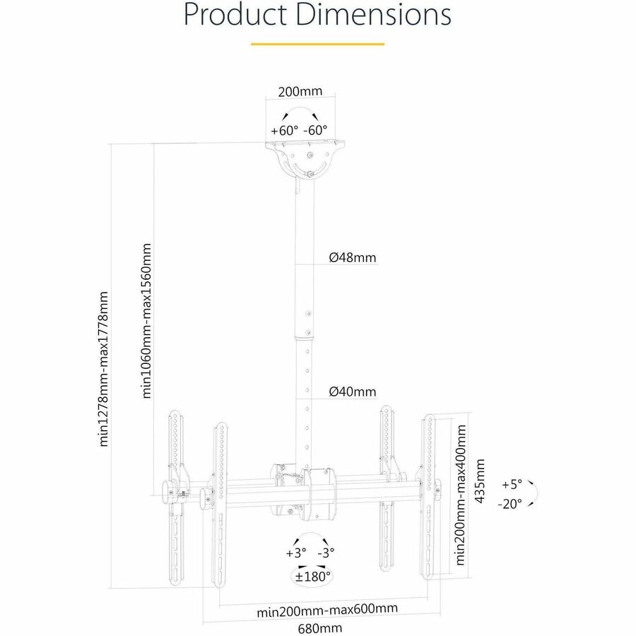 StarTech.com Dual TV Ceiling Mount, Back-to-Back Hanging Dual Screen VESA Pole Mount for 32"-75" TVs - Height Adjustable Telescopic Pole FPCEILBTB