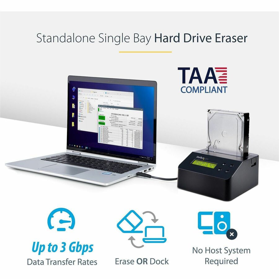 StarTech.com Single Bay SSD/HDD Hard Drive Eraser, 2.5"/3.5" , Standalone Wiper, Disk Sanitizer, Hardware Wiper Erasing Tool, NIST/DoD/TAA SDOCK1EU3P