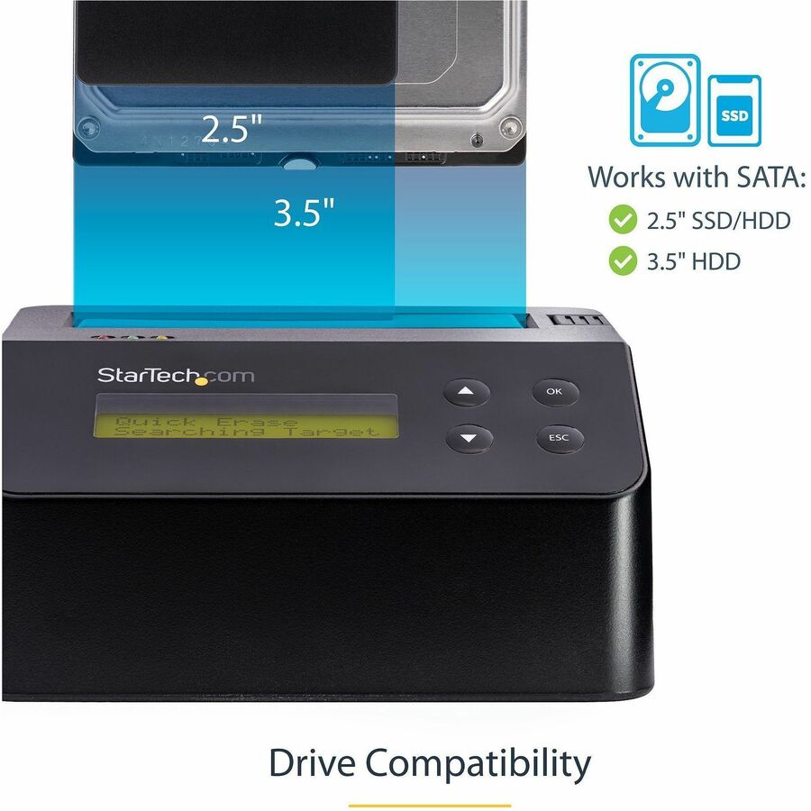 StarTech.com Single Bay SSD/HDD Hard Drive Eraser, 2.5"/3.5" , Standalone Wiper, Disk Sanitizer, Hardware Wiper Erasing Tool, NIST/DoD/TAA SDOCK1EU3P