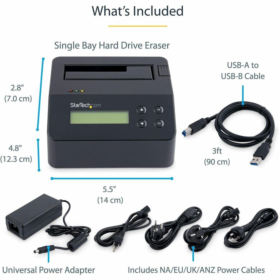 StarTech.com Single Bay SSD/HDD Hard Drive Eraser, 2.5"/3.5" , Standalone Wiper, Disk Sanitizer, Hardware Wiper Erasing Tool, NIST/DoD/TAA SDOCK1EU3P