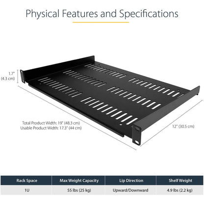 StarTech.com 1U Vented Server Rack Cabinet Shelf - Fixed 12" Deep Cantilever Rackmount Tray for 19" Data/AV/Network Enclosure w/Cage Nuts SHELF-1U-12-FIXED-V