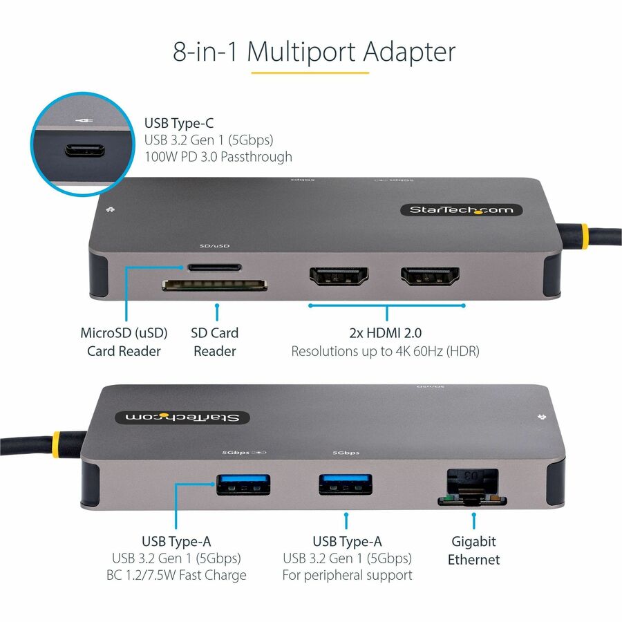 StarTech.com USB C Multiport Adapter, Dual HDMI, 4K 60Hz, 2x 5Gbps USB-A Hub, 100W Power Delivery, GbE, SD/MicroSD, USB C Mini Dock 120B-USBC-MULTIPORT