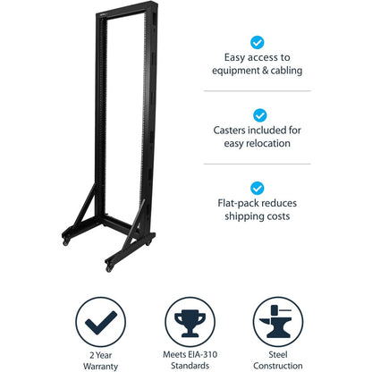 StarTech.com 2-Post 42U Mobile Open Frame Server Rack, Two Post 19in Network Rack with Casters, Rolling Open Rack for AV/Data/IT Equipment 2POSTRACK42