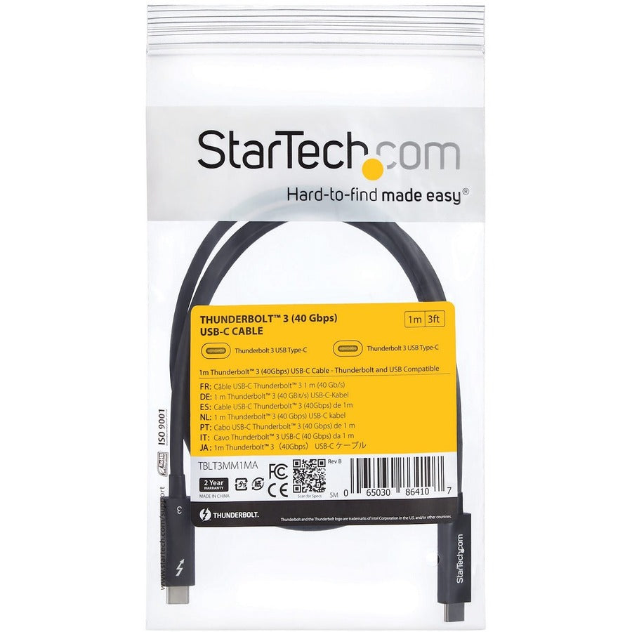 StarTech.com 3 ft 1m Thunderbolt 3 Cable w/ 100W PD - 40Gbps - Dual 4K or Full 5K - Certified Thunderbolt 3 USB-C Cable TBLT3MM1MA