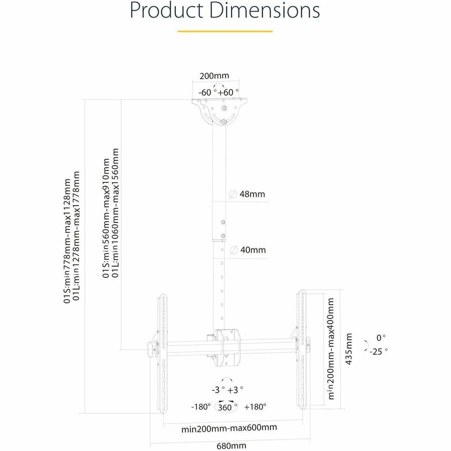 StarTech.com TV Ceiling Mount, Full-Motion Hanging Single Screen Vesa Mount for 32"-75" TVs / Displays - Height Adjustable Telescopic Pole FLATPNLCEIL