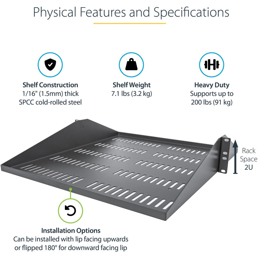 StarTech.com 2U Vented Server Rack Shelf - Center Mount Fixed 20" Deep Cantilever Rackmount Tray for 19" Data/AV/Network w/Cage Nuts SHELF-2U-20-CENTER-V