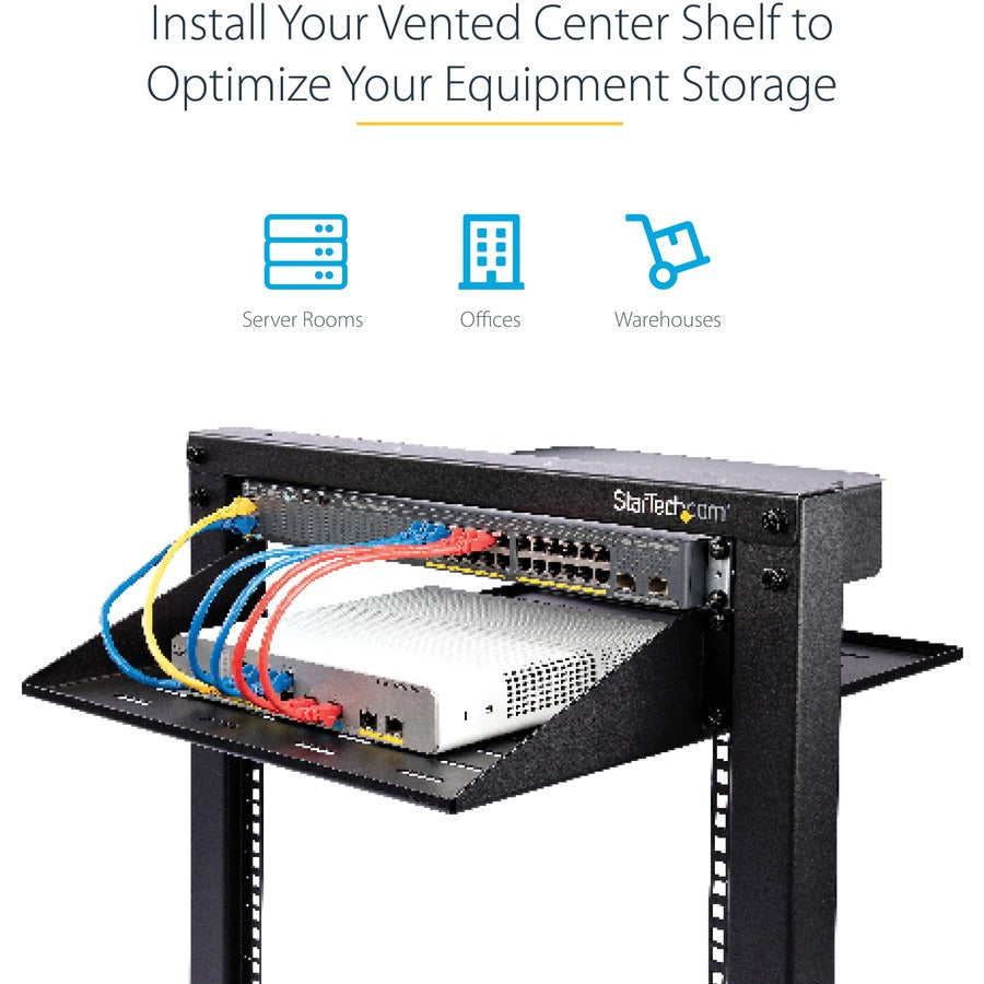 StarTech.com 2U Vented Server Rack Shelf - Center Mount Fixed 20" Deep Cantilever Rackmount Tray for 19" Data/AV/Network w/Cage Nuts SHELF-2U-20-CENTER-V