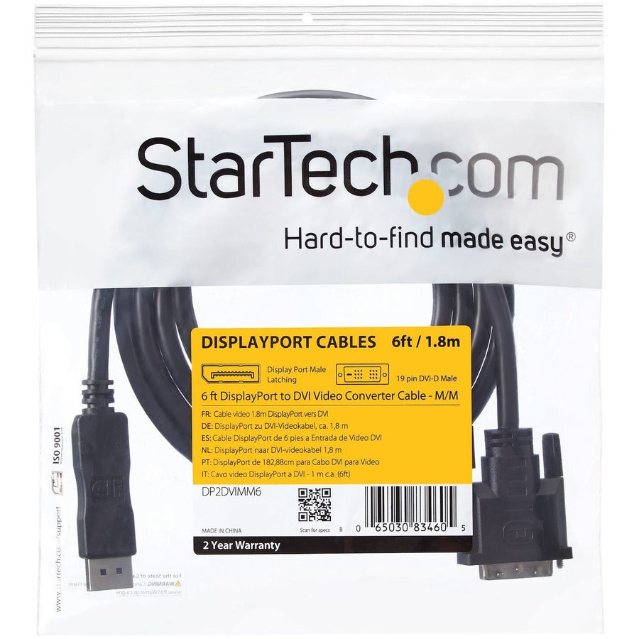 StarTech.com 6ft (1.8m) DisplayPort to DVI Cable, DisplayPort to DVI Adapter Cable, DP to DVI-D Converter, Replaced by DP2DVI2MM6 DP2DVIMM6