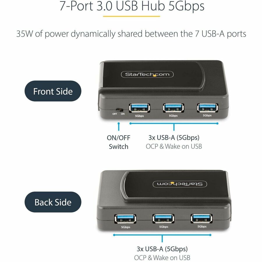 StarTech.com 7-Port USB Hub, USB 3.0 5Gbps, USB-A to 7x USB-A, Self Powered USB-A Expansion Hub w/ 35W Power Supply 5G7AS-USB-A-HUB